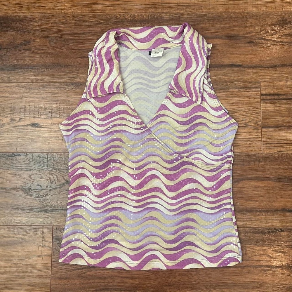 Vintage Y2K Purple‎ Abstract Sequins Tank Women S Maximalist Disco Coquette Glam